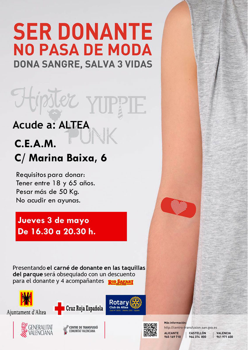 Jueves 3 de mayo, de 16:30 a 20:30h en el CEAM, puedes donar sangre y salvar tres vidas. “Ser donante no pasa de moda”.