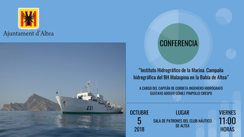 La conferència “Campanya Hidrogràfica del BH Malaspina a la Badia d’Altea”, tindrà lloc el divendres 5 d’octubre, a les 11 hores a la Sala de Patrons del Club Nàutic d’Altea