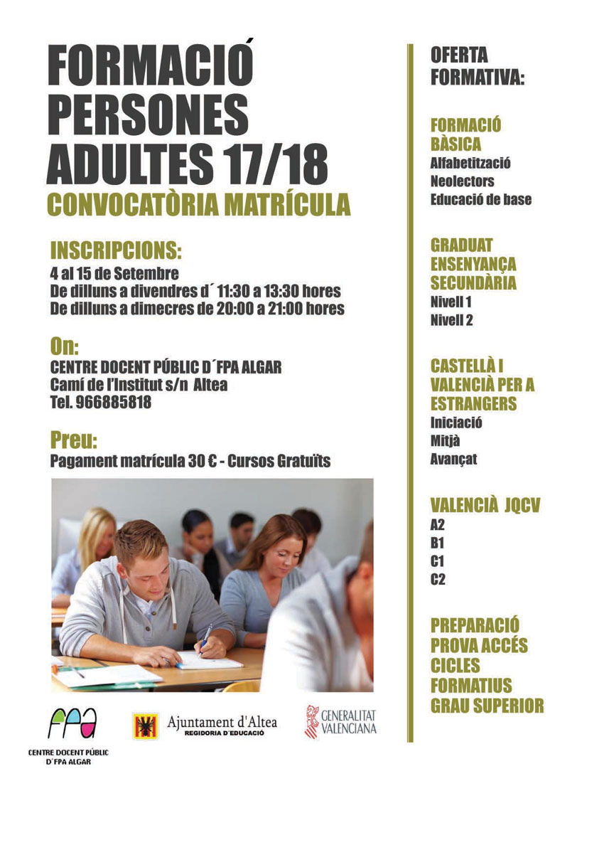 Convocatoria de matrícula para el curso 2017-2018 de la Formación de Personas Adultas