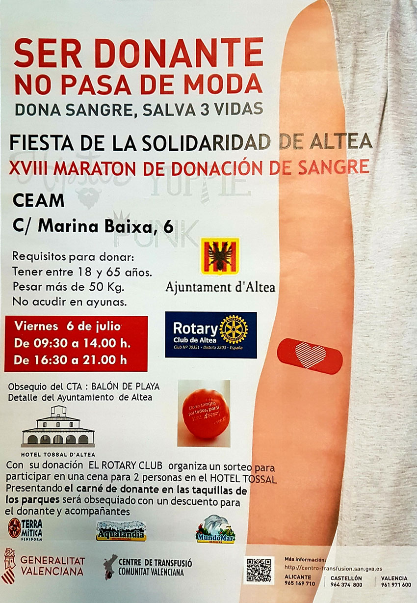 El proper divendres 6 de juliol, Altea albergarà un nou Marató de Donació de Sang. I ja en van 18 en el municipi, amb el que aquesta Festa de la Solidaritat alteana compleix la majoria d’edat. La cita és el proper 6 de juliol al CEAM en horari de 9:30 a 14:00h i de 16:30 a 21:00h.