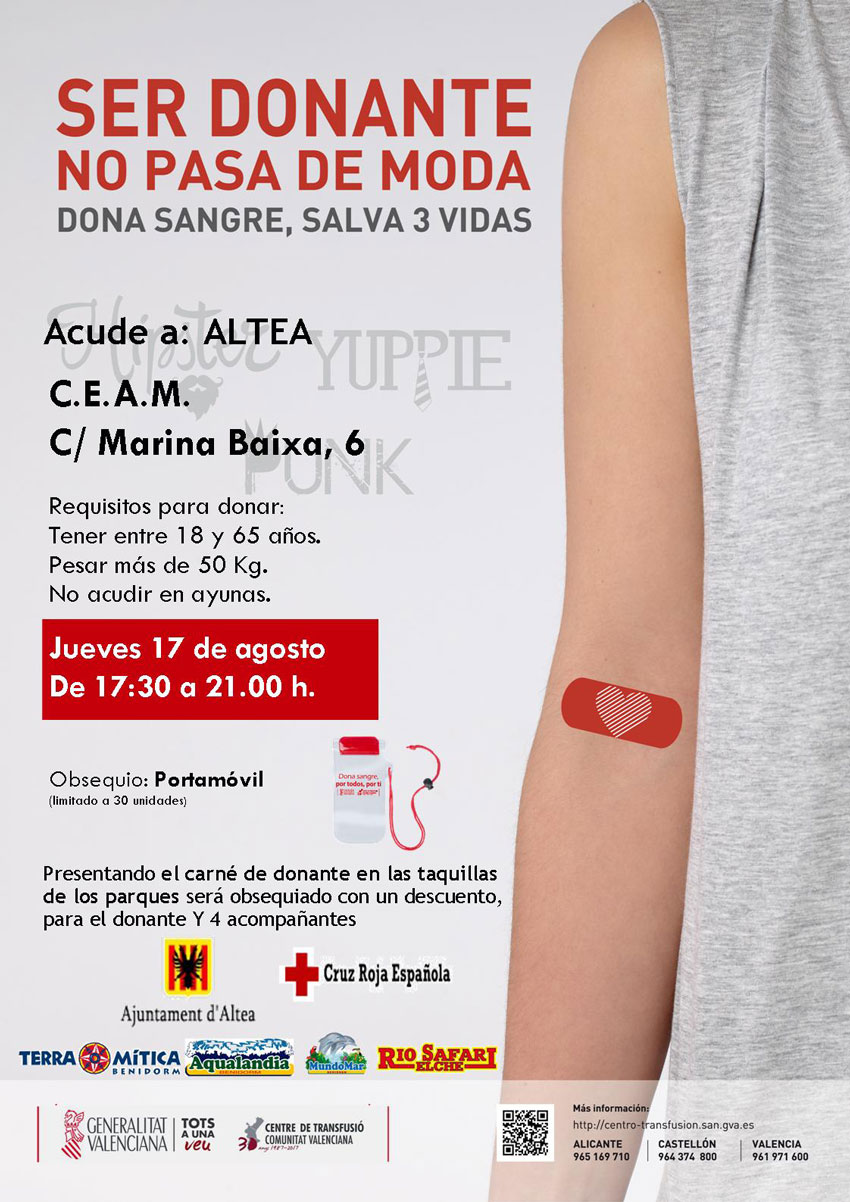 Donació de sang a Altea este dijous, 17 d’agost, de 17.30 a 21 hores al CEAM