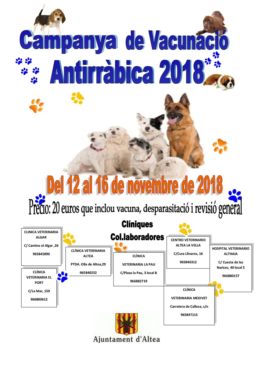 Hui comença la Campanya de Vacunació Antirràbica i es prolongarà fins al 16 de novembre, el preu és de 20 euros i inclou la vacuna, desparasitació i una revisió general del gos