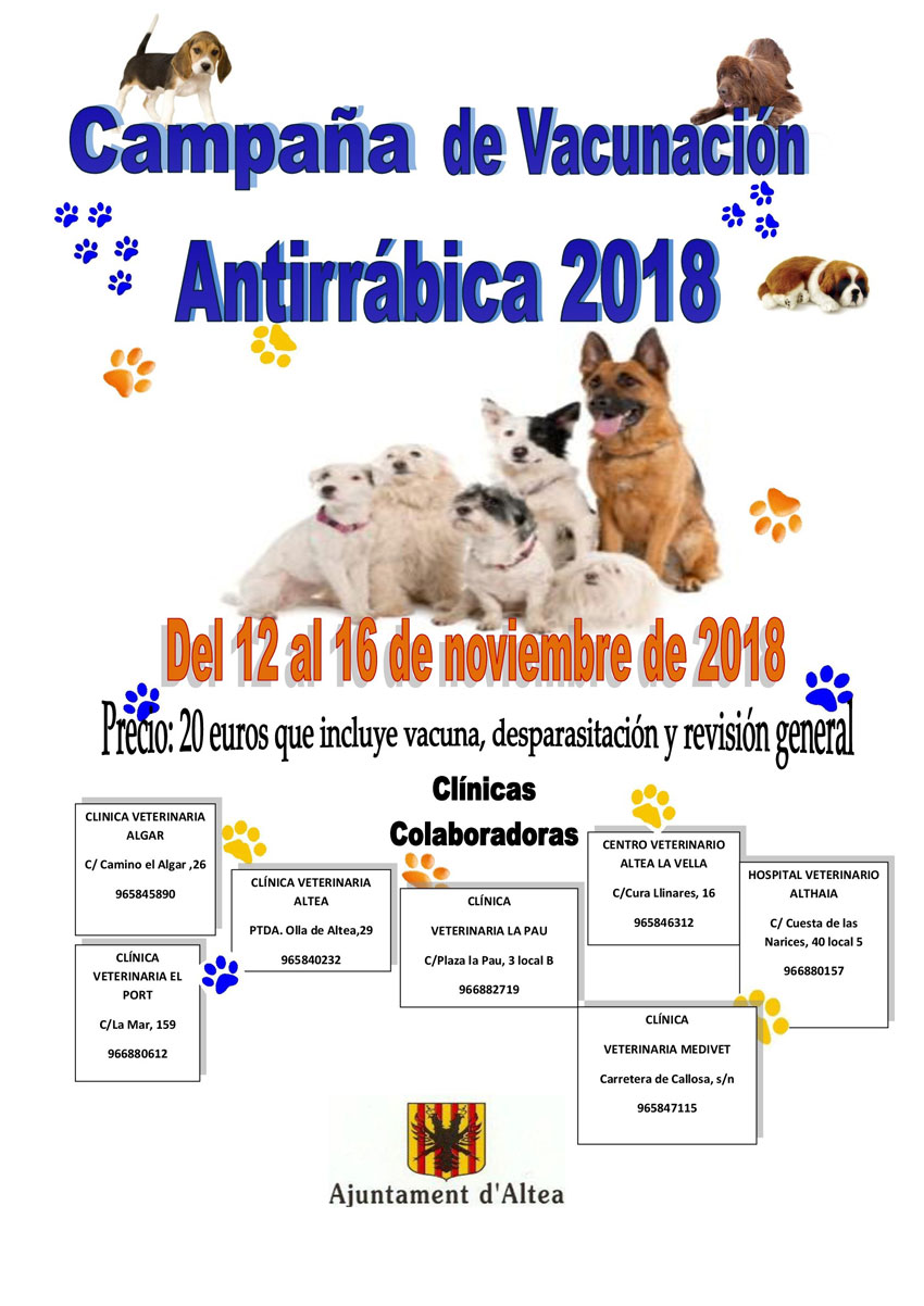 Hoy comienza la Campaña de Vacunación Antirrábica y se prolongará hasta el 16 de noviembre, el precio es de 20 euros e incluye la vacuna, desparasitación y una revisión general del perro