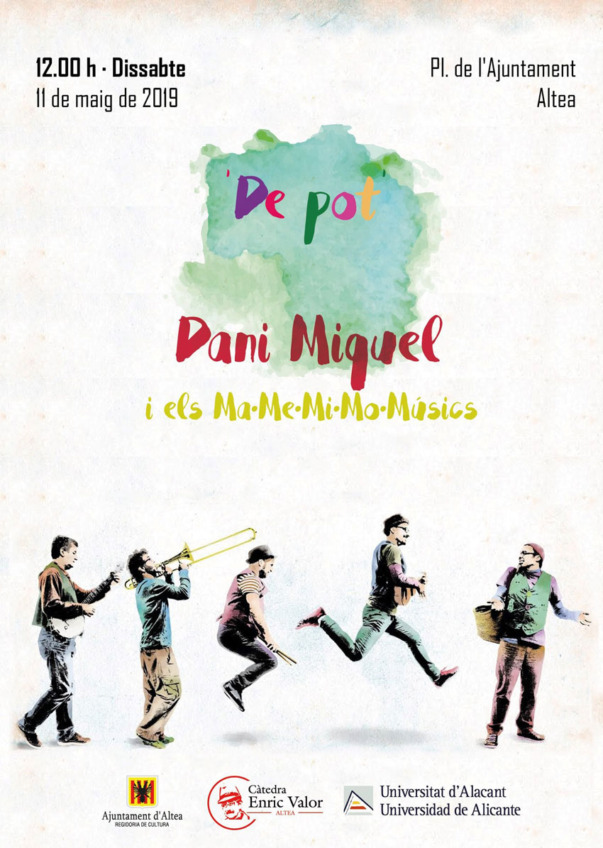 Dani Miquel y los Ma·me·mi·mo·músics estarán en la Plaza del Ayuntamiento, el 11 de mayo a las 12h, con el espectáculo ‘De pot’.
