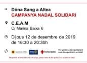 Dona sangre en Altea. Campaña de Navidad Solidaria. Jueves 12 de diciembre de 2019 de 16.30 a 20.30 h en CEAM (c/ Marina Baixa, Altea)