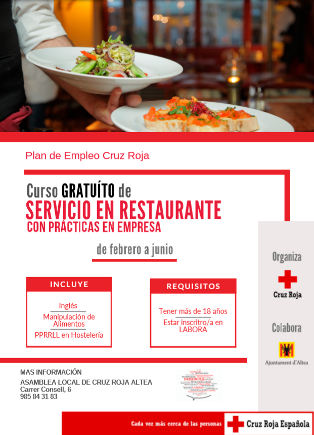 Cruz Roja y Concejalía de Fomento del Empleo organizan un curso gratuito de Servicio en restaurante
