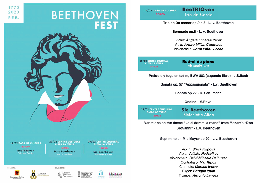 Altea s’impregna de música el mes de febrer. El Beethoven Fest comença el divendres 14 a les 20:00 hores, a la Casa de Cultura d’Altea, amb el trio de corda BeeTRIOven. El festival continuarà els dies 22 i 29 al Centre Cultural d’Altea la Vella