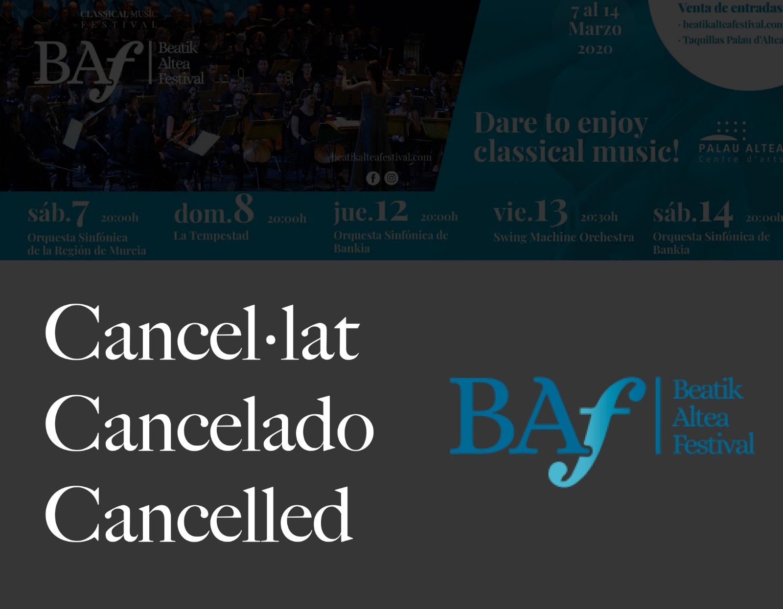La concejalía de Cultura informa de la cancelación de las actuaciones del Beatik Altea Festival de los días 12, 13 y 14 de marzo