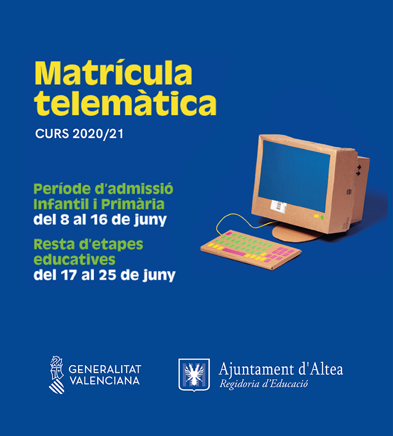 Del 8 al 16 de juny s’activarà el web telematricula.es per tramitar l’admissió telemàtica dels alumnes d’infantil i primària per al curs 2020-2021