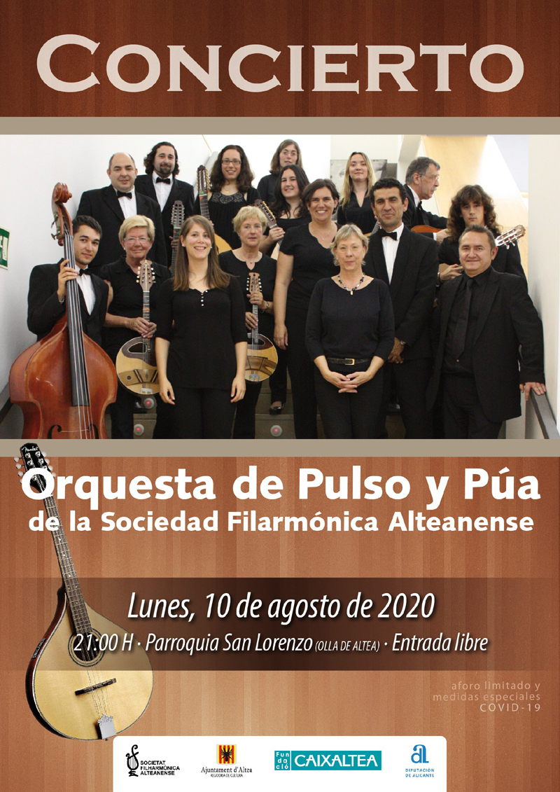 La Orquesta de Pulso y Púa de la SFA ofrecerá un concierto el lunes 10 de agosto en la Parroquia de San Lorenzo a las 21:00h. Entrada gratuita. Aforo limitado a las medidas de seguridad anti COVID-19.