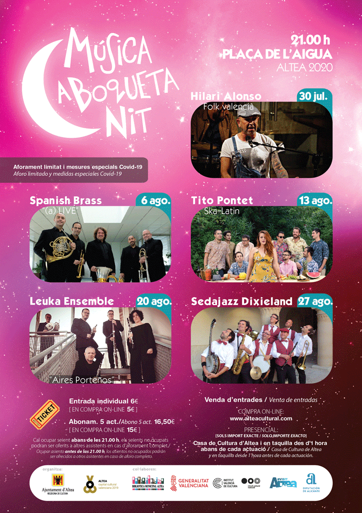 No et perdes aquest dijous a “Música a Boqueta Nit” amb l’actuació de Leuka Ensemble a les 21:00h en la plaça de l’Aigua. No oblides la teua mascareta!