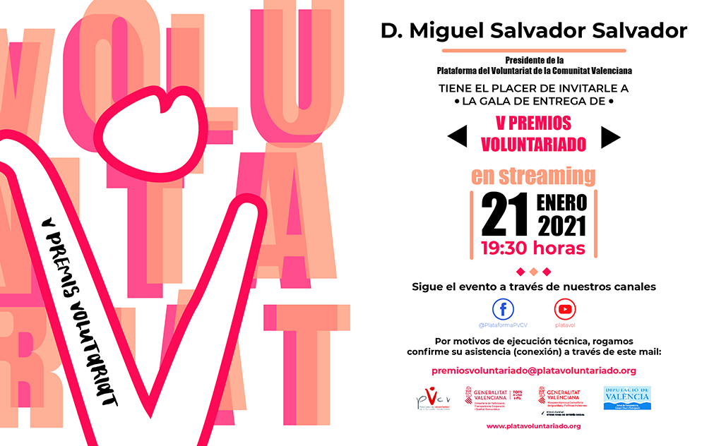 La Plataforma de Voluntariat de la Comunitat Valenciana atorga els seus Premis de Voluntariat en una gala online