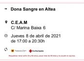 El pròxim dijous, 8 d'abril, de 17:00 a 20:30 hores, tindrà lloc una nova jornada de donació de sang al CEAM d’Altea (c/ Marina Baixa, 6). Anima’t i salva vides!