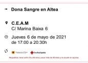 Nova donació de sang el dijous 6 de maig al CEAM d'Altea (c/ Marina Baixa, 6), de 17:00 a 20:30h.