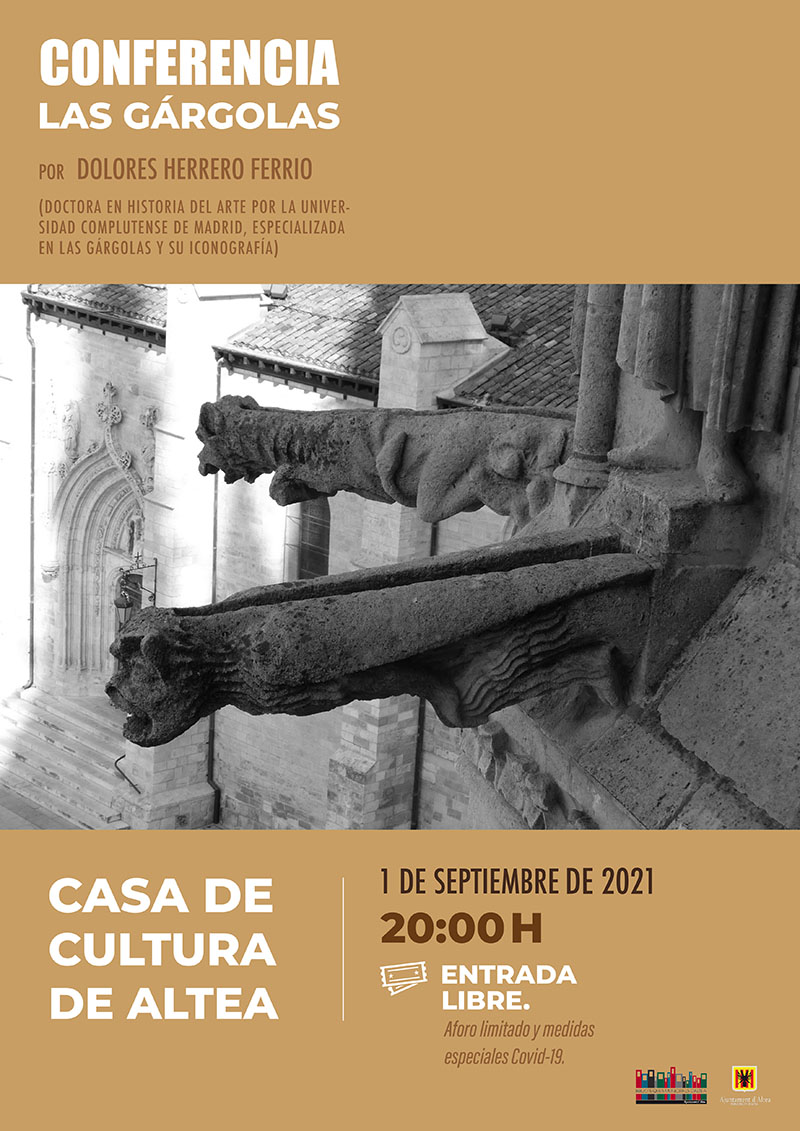 Miércoles 1 de septiembre, a las 20h en la Casa de Cultura, Dolores Herrero, especialista en gárgolas y su iconografía, ofrecerá la conferencia “Las Gárgolas”. Entrada libre, aforo limitado y medidas anti COVID.