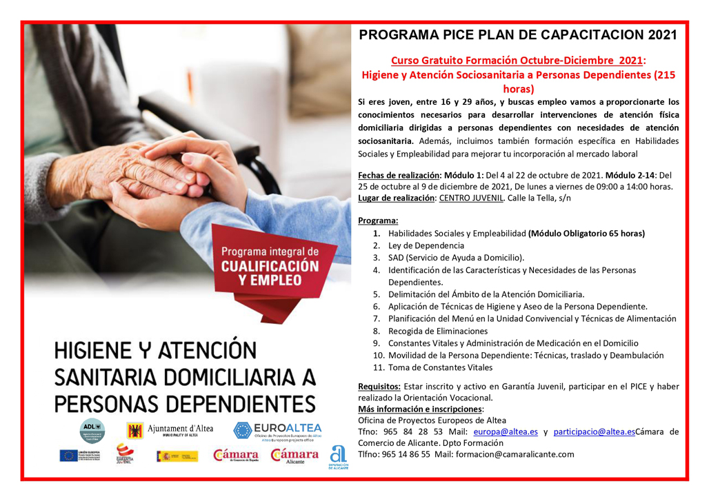 Fomento del Empleo y EuroAltea anuncian un nuevo curso en atención sociosanitaria a personas dependientes. Esta formación forma parte del convenio firmado entre el Ayuntamiento de Altea y la Cámara de Comercio de Alicante.