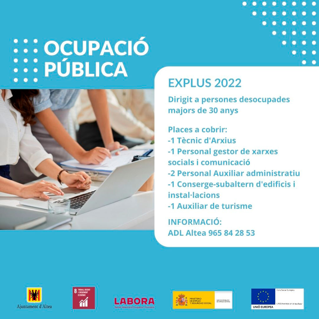 Foment de l’Ocupació dona a conéixer els sis perfils que tindran els pròxims EXPLUS 2022 de l’Ajuntament d’Altea