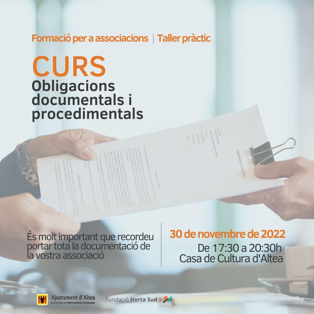 Participació Ciutadana anuncia un curs pràctic sobre obligacions documentals i procedimentals per a les associacions d’Altea