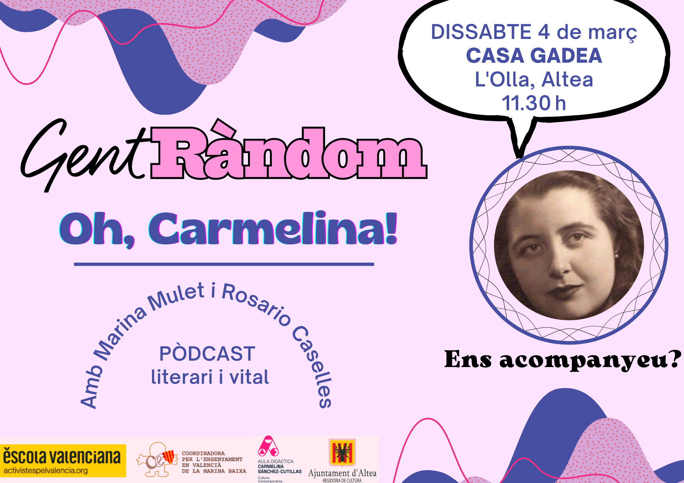 Casa Gadea acogerá el próximo sábado, 4 de marzo, la grabación del podcast Gent Ràndom, dedicado a la literatura y con mención especial a la escritora alteana Carmelina Sánchez-Cutillas. Será a las 11:30 horas y está abierto al público.