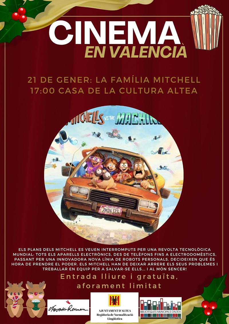Normalización Lingüística te invita a disfrutar del cine en valenciano. Domingo 21 de enero a las 17:00h con la película “La família Mitchell” en la Casa de Cultura. La entrada es libre y gratuita hasta completar el aforo.
