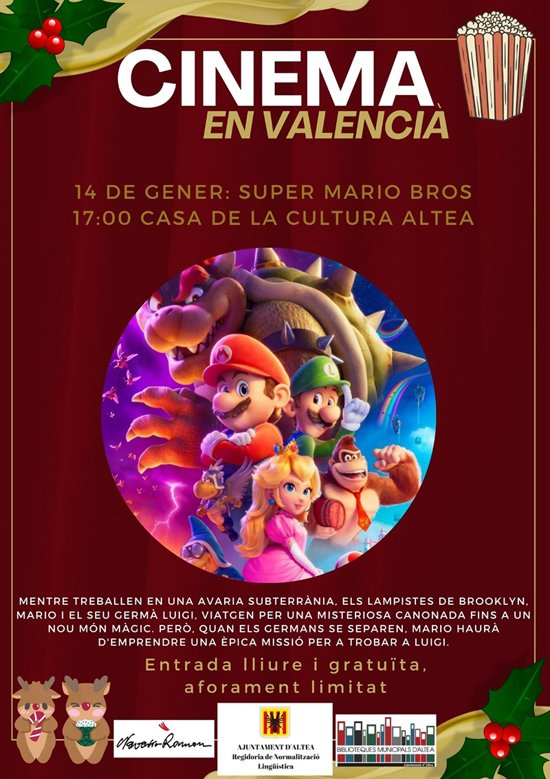 Normalización Lingüística te invita a disfrutar del cine en valenciano con la película “Super Mario Bros”, en la Casa de Cultura, este domingo 14 de enero a las 17:00h. La entrada es libre y gratuita con aforo limitado.