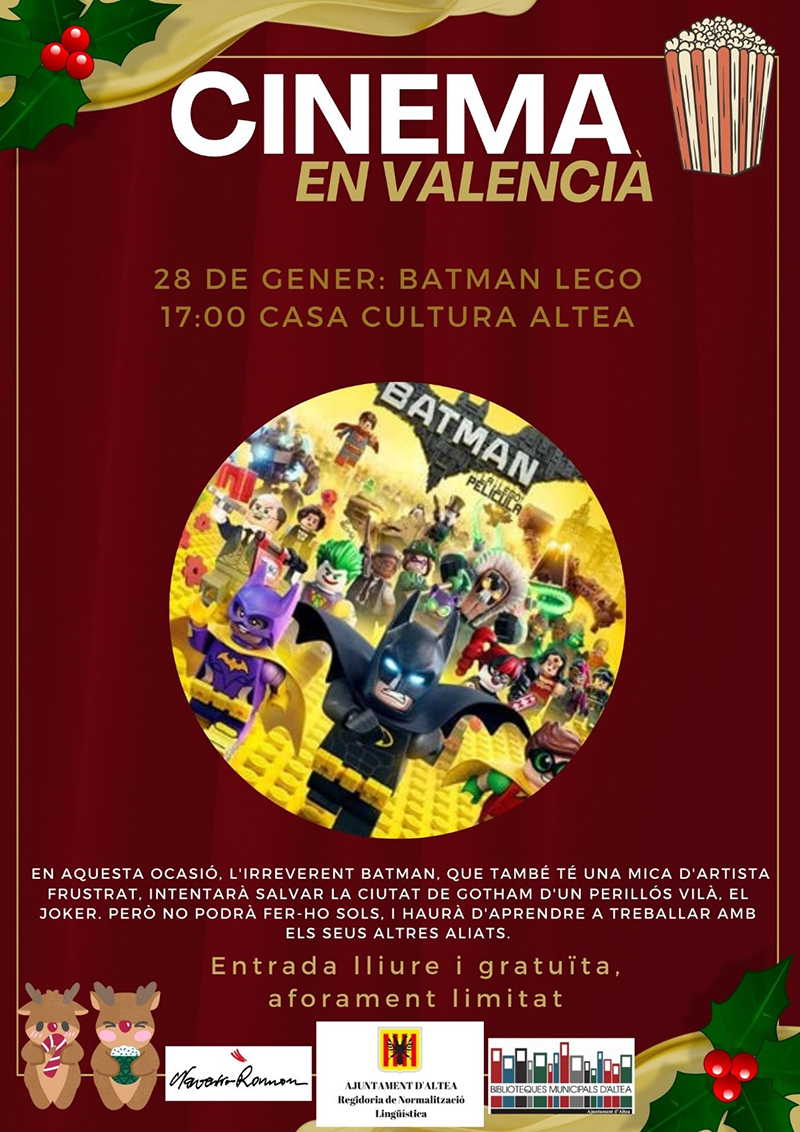 Normalització Lingüística et convida a gaudir del cinema en valencià amb la pel•lícula “Batman Lego”. El passe tindrà lloc el diumenge 28 de gener a la Casa de Cultura a les 17:00 h. Entrada lliure i gratuïta fins a completar aforament.