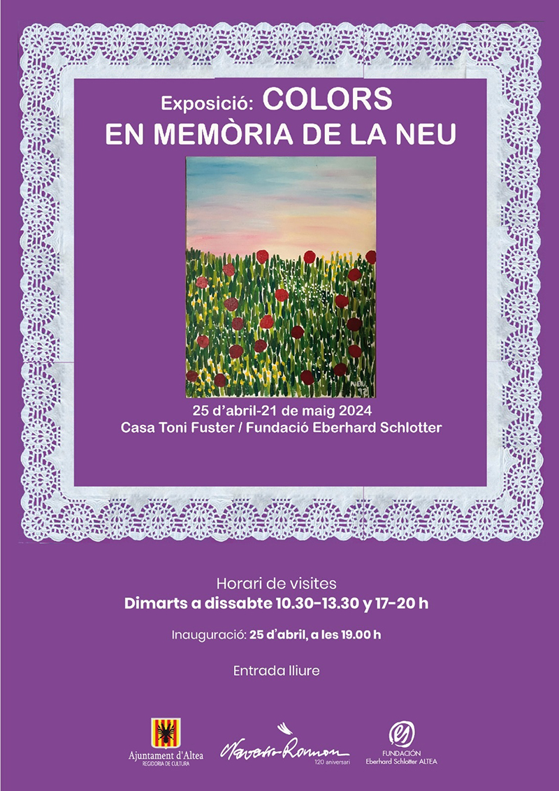 Hoy, 25 de abril a las 19:00h,  tendrá lugar la inauguración de la exposición “Colors en memoria de la neu” en la Casa Toni Fuster-Fundación E. Schlotter. La reridoria de Cultura invita a visitar la muestra que permanecerá abierta hasta el 21 de mayo.