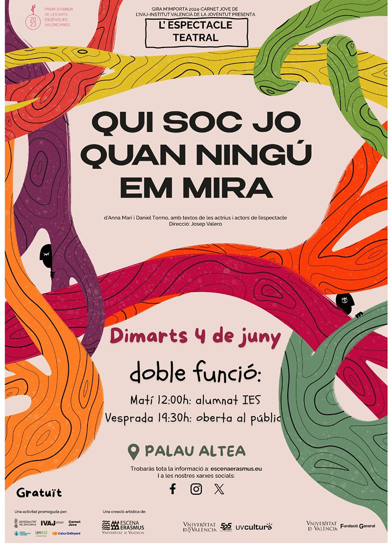 La regidoria de Joventut convida la ciutadania d’Altea a gaudir de l’espectacle teatral “Qui soc jo quan ningú en mira”. Dimarts 4 de juny a Palau Altea amb entrada gratuïta. S’oferiran 2 sessions; una al matí a les 12.00h destinada a l’alumnat dels IES i l’altra en horari de vesprada a les 19.30h, oberta al públic en general. +Info a https://www.escenaerasmus.eu/ivaj-importa/