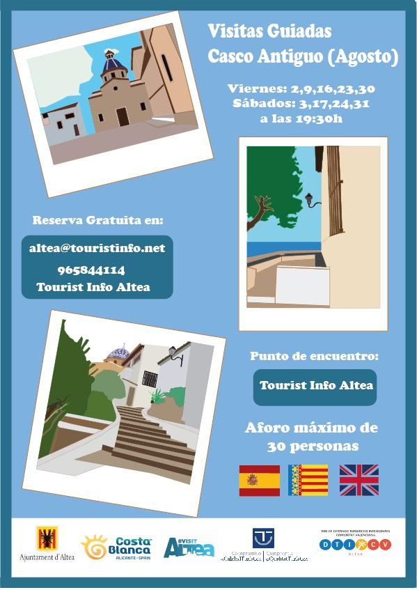 La concejalía de Turismo recuerda que los viernes y sábados de agosto a las 19:30h se llevan a cabo rutas guiadas por el Casco Antiguo de Altea, cuya asistencia es gratuita previa reserva en la Tourist Info a través de altea@touristinfo.net o llamando al 965 84 41 14.