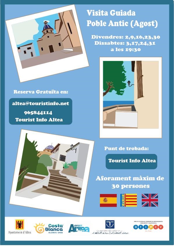 La regidoria de Turisme recorda que els divendres i dissabtes d’agost a les 19:30h es duen a terme rutes guiades pel nucli antic d’Altea, l’assistència de les quals és gratuïta prèvia reserva a la Tourist Info a través de altea@touristinfo.net o telefonant al 965 84 41 14.