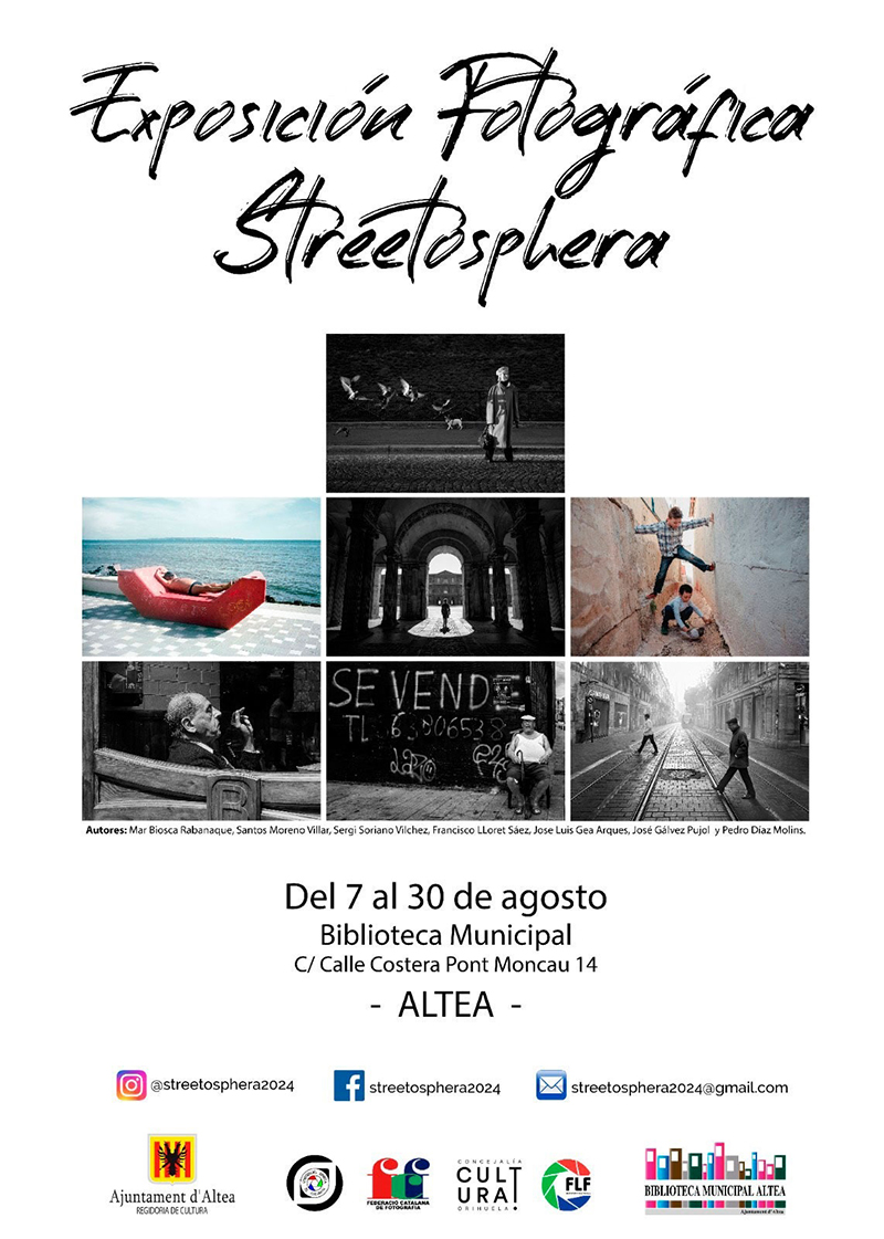 Cultura presenta l’exposició fotogràfica “Streetosphera”, ubicada a la Biblioteca Municipal d’Altea i la inauguració de la qual tindrà lloc el dimecres 7 d’agost a les 12:00h. La mostra romandrà exposada fins al 30 del mateix mes.