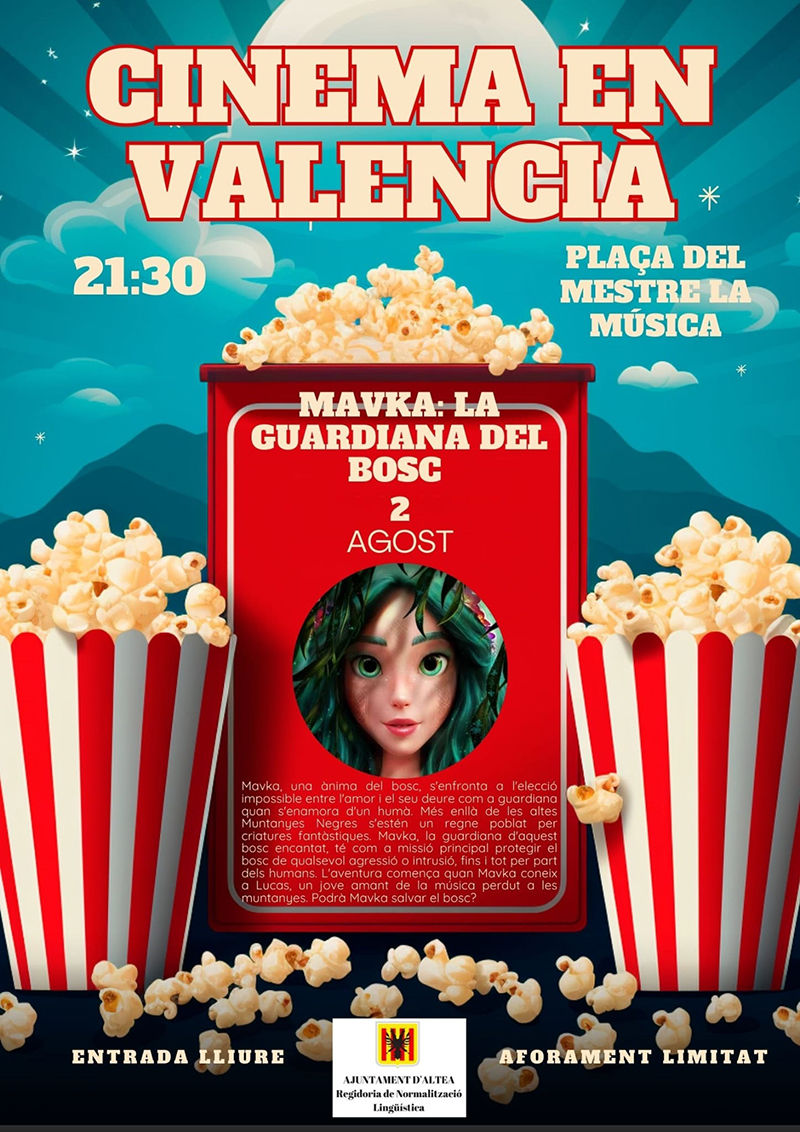 Normalización Lingüística te recuerda que mañana viernes, 2 de agosto, puedes disfrutar de una nueva sesión de Cinema en Valencià. En esta ocasión se proyectará la película “Mavka: La Guardiana del Bosc”. La cita es a las 21:30h en la Plaça del Mestre la Música.