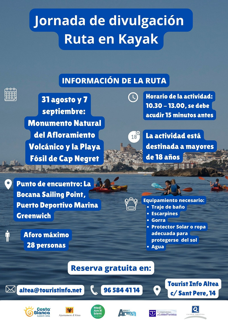 Turismo y Medio Ambiente organizan una jornada de divulgación sobre el Monumento Natural del Afloramiento Volcánico y la Playa Fósil de Cap Negret, mediante una Ruta en Kayak, que tendrá lugar los días 31 de agosto y 7 de septiembre. Se trata de una actividad gratuita destinada a mayores de 18 años, cuya inscripción ha de realizarse en la Tourist Info Altea, llamando al 965 84 41 14 o en altea@touristinfo.net