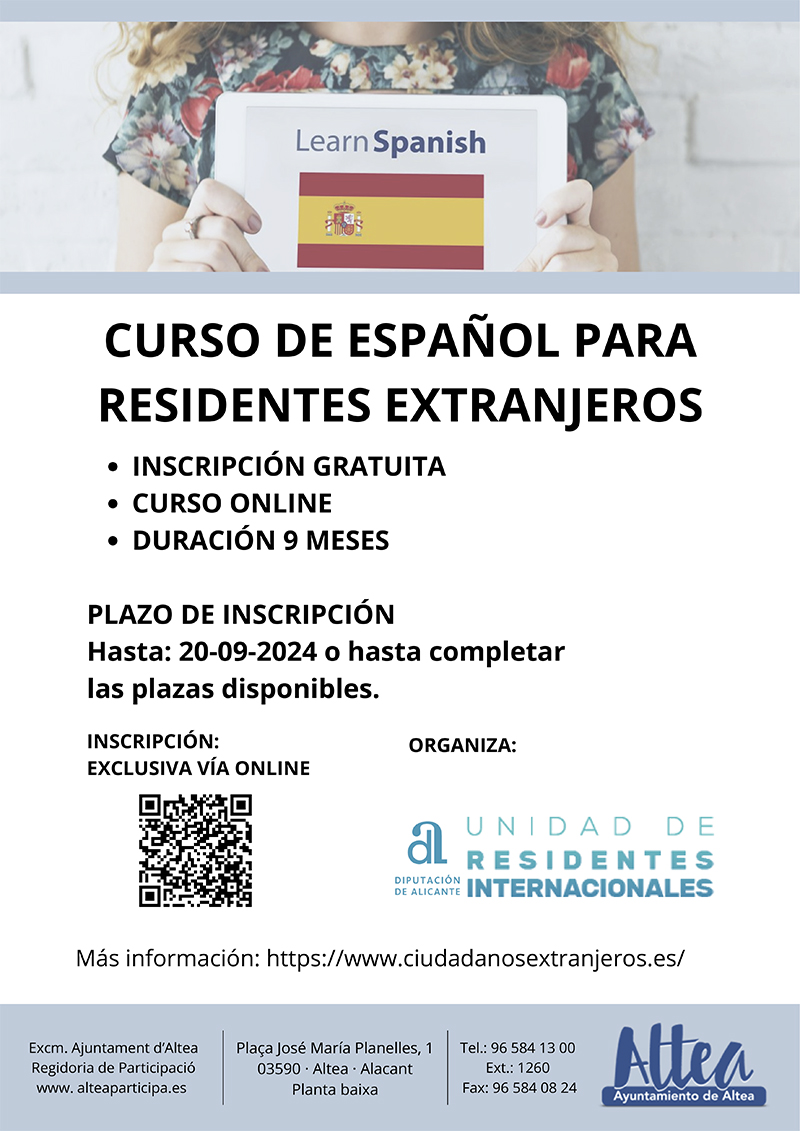 Si eres residente extranjero y quieres aprender español, la Diputación de Alicante y la concejalía de Participación Ciudadana del Ayuntamiento de Altea te invitan a participar en el “Curso de Español para Residentes Europeos” online y gratuito. El plazo de inscripción permanecerá abierto hasta el 20 de septiembre.