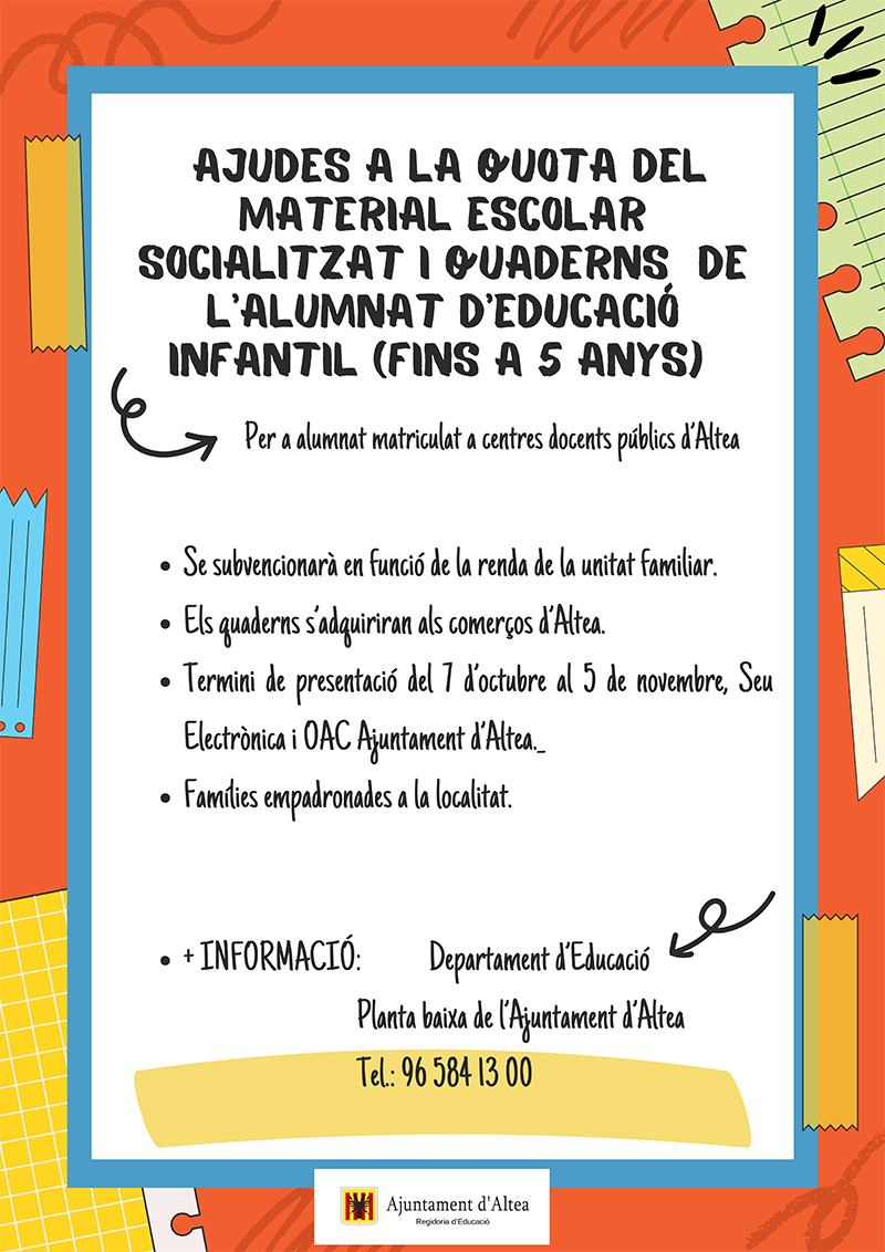 La regidoria d’Educació concedeix ajudes al material escolar d’Infantil