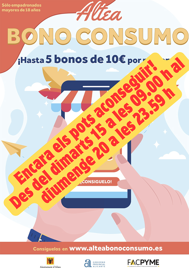 Comercio amplia 6 días más el periodo de solicitud de los Bonos Consumo. Si aún no has obtenido tus bonos y quieres hacerlo, desde mañana martes, 15 de octubre, a las 09:00h, hasta el domingo a las 23:59h tienes de tiempo para descargártelos desde www.alteabonoconsumo.es. No te pierdas esta oportunidad de comprar con importantes descuentos en el comercio local!