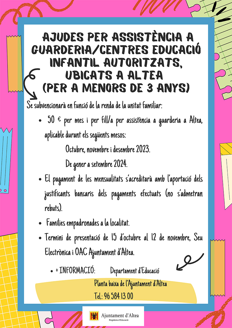 La concejalía de Educación convoca las ayudas por asistencia a guardería