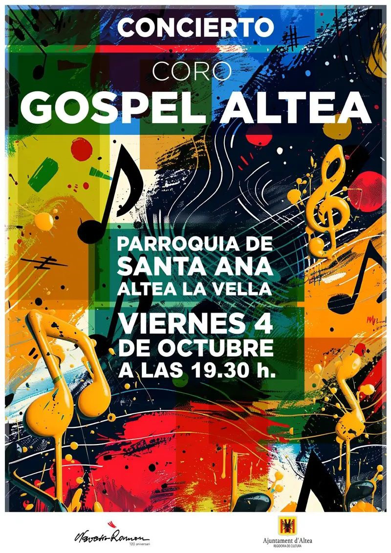 El viernes 4 de octubre, a las 19:30h, la Parroquia de Santa Anna de Altea la Vella albergará un concierto del Coro Gospel Altea. Una cita con la música que las concejalías de Cultura y Altea la Vella te invitan a disfrutar.