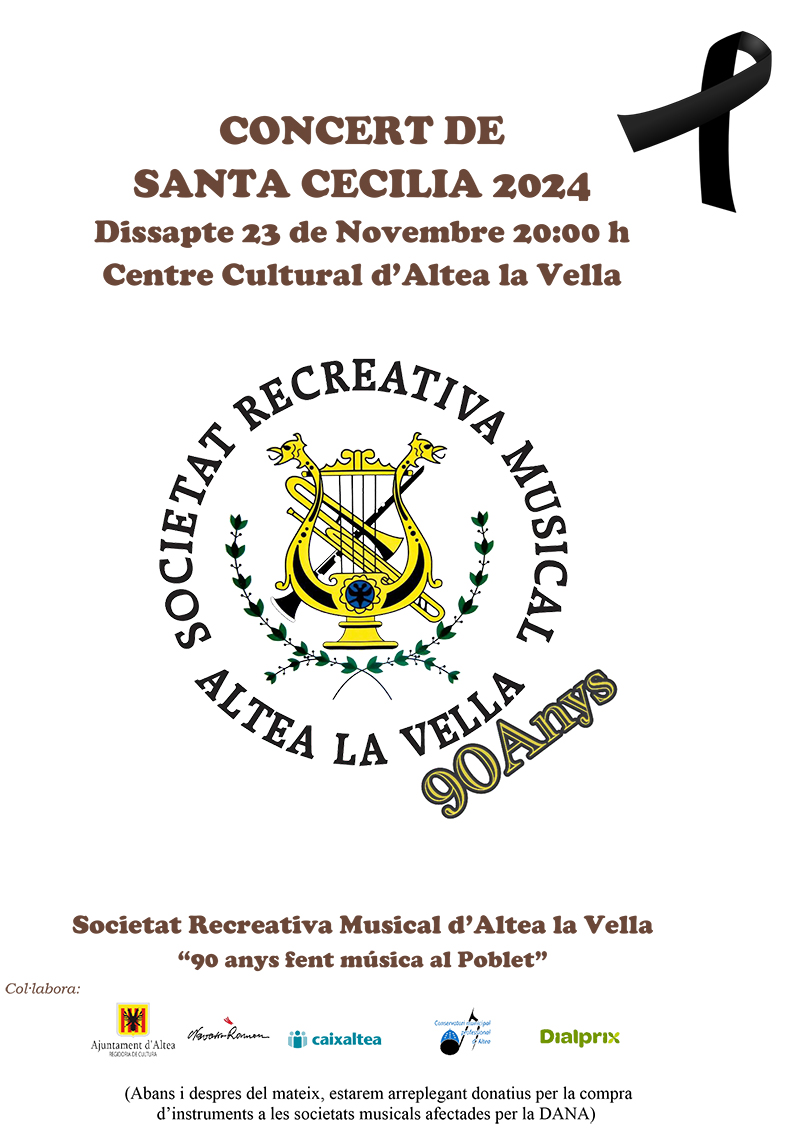 Recorda que este dissabte 23 de novembre, a les 20:00h al Centre Cultural d’Altea la Vella, la Societat Recreativa Musical d’Altea la Vella oferirà el seu concert anual de Santa Cecília. En esta ocasió la SRM celebrarà el seu 90è aniversari en una cita destacada en què s’incorporen nous educands a la banda i es ret homenatge als que van complint anys.