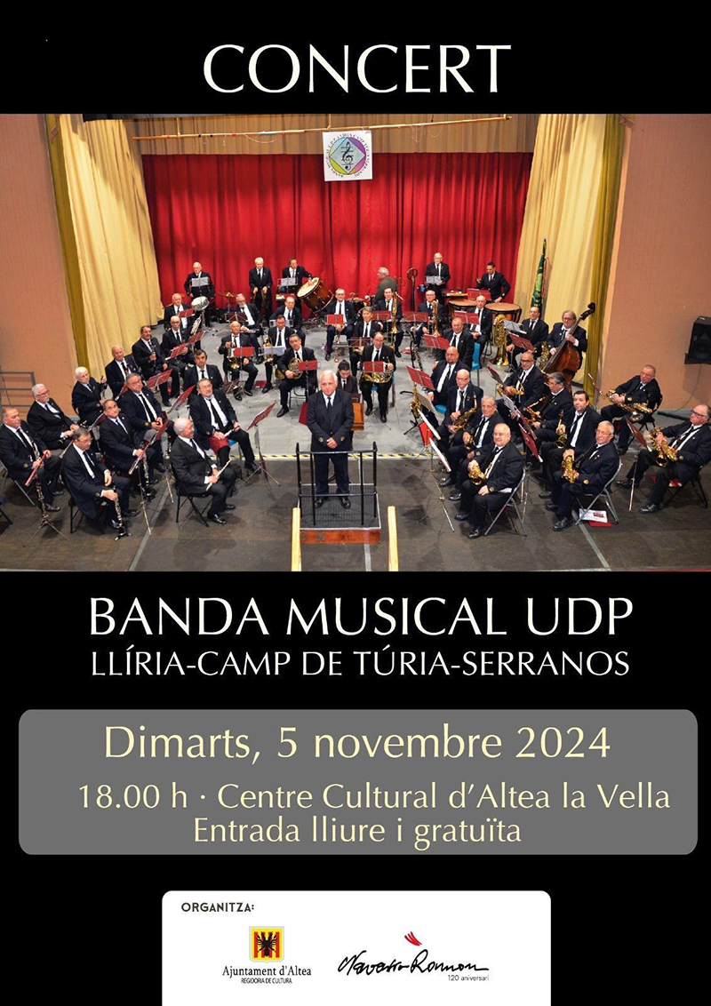 Hui dimarts 5 de novembre, al Centre Cultural d’Altea la Vella a les 18:00h, tindrà lloc un concert de la Banda Musical UDP Llíria-Camps de Túria-Serranos. L´entrada a l´auditori és lliure i gratuïta. Si t’agrada la música, no t’ho perdes!