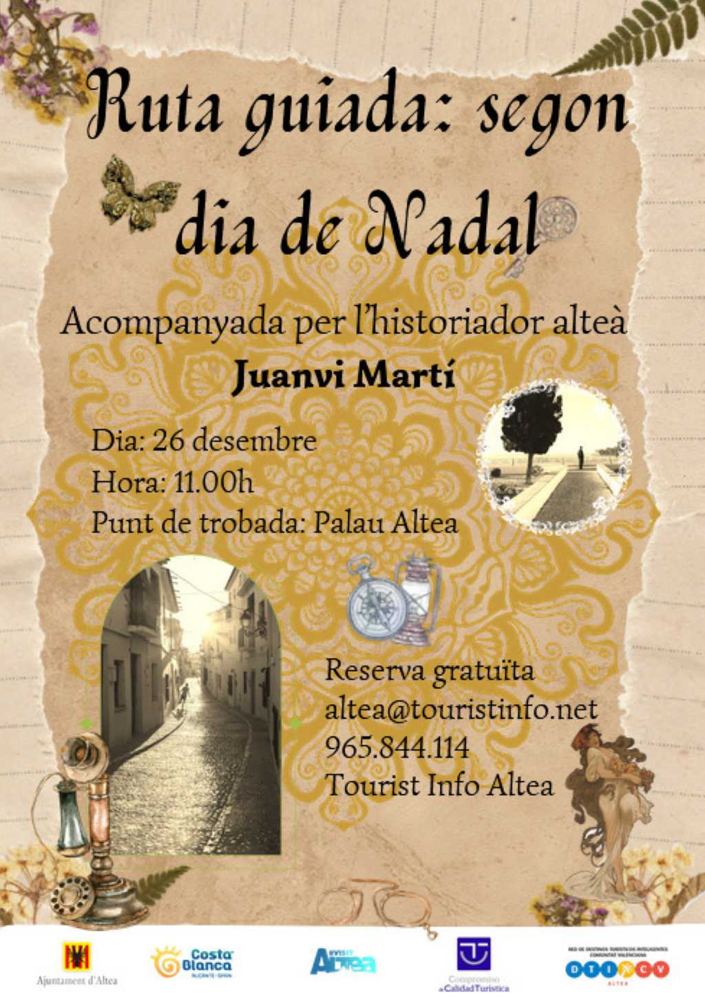 El proper dijous 26 de desembre tindrà lloc una ruta guiada sota el títol «Segon dia de Nadal». Aquesta activitat gratuïta estarà acompanyada per l’historiador alteà Juanvi Martí. Començarà a les 11.00 hores des de Palau Altea.