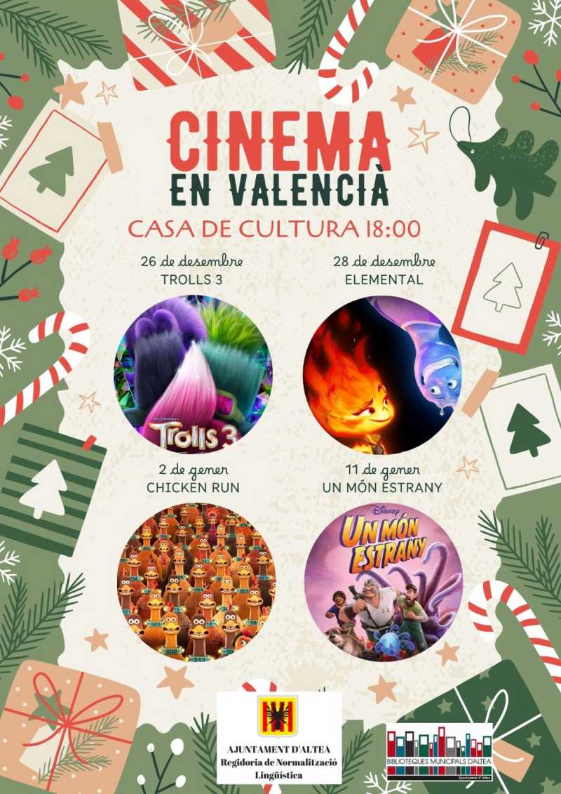 El cine en valenciano nos acompañará en Navidad un año más. De nuevo y para el público familiar, podremos disfrutar de títulos como “Trolls 3”, “Elemental”, “Chicken Run” y “Un mundo extraño”, los días 26 y 28 de diciembre, y 2 y 11 de enero. La Casa de Cultura de Altea acogerá estas proyecciones a las 18:00 horas. Una iniciativa impulsada por la concejalía de Normalización Lingüística.