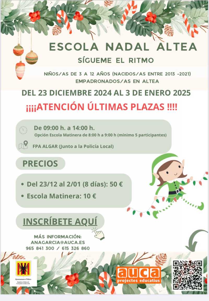 Ultimas plazas para la Escuela de Navidad!! Hay que recordar que tendrá lugar del 23 de diciembre al 3 de enero a las instalaciones de la FPA Algar, y que es una iniciativa, dirigida a niños y niñas de entre 3 y 12 años.