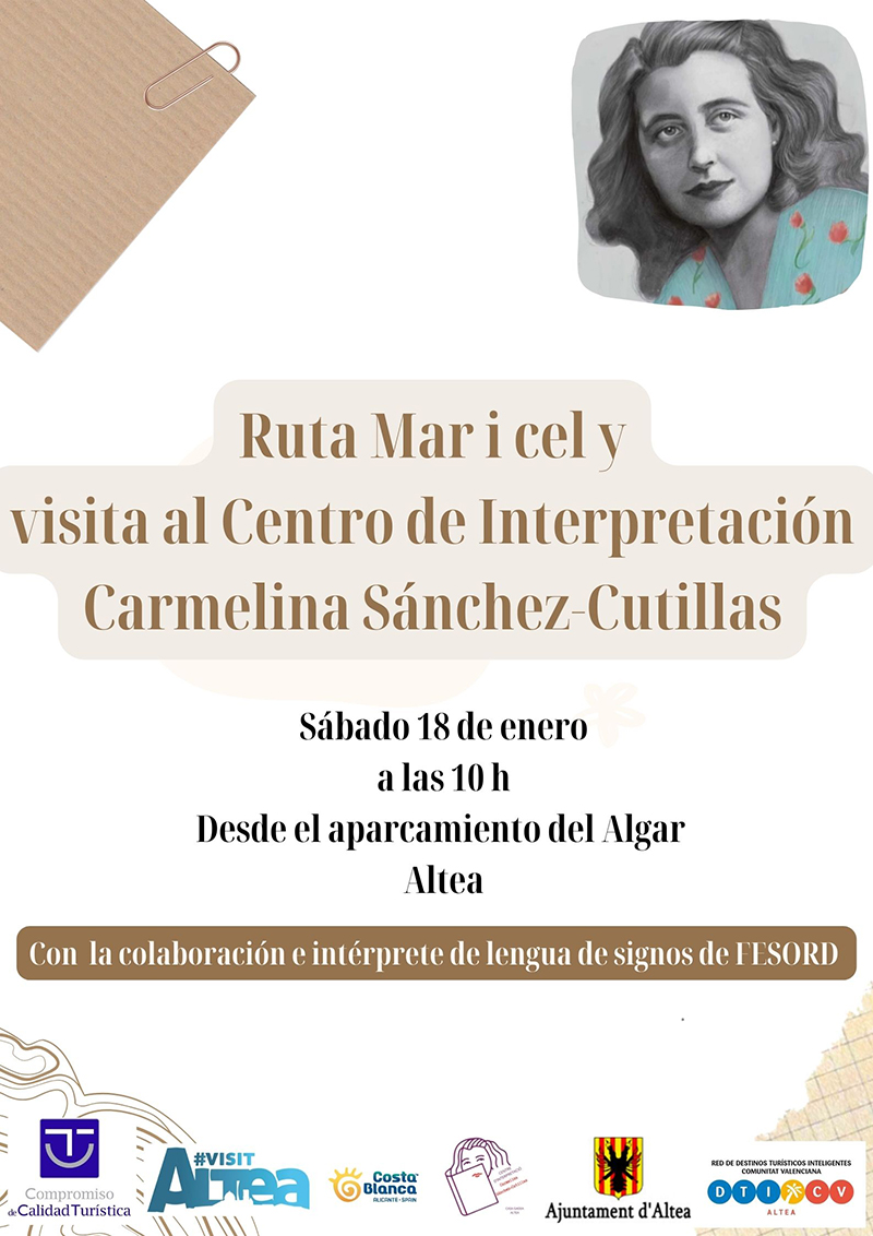 Turismo te invita a participar en la ruta “Mar i Cel” i visita al Centro de Interpretación Carmelina Sánchez-Cutillas el sábado 18 de enero a partir de las 10:00h, desde el Aparcamiento del Algar. La actividad, gratuita para los asistentes, cuenta con la colaboración de FESORD y estará asistida por un intérprete de lengua de signos.