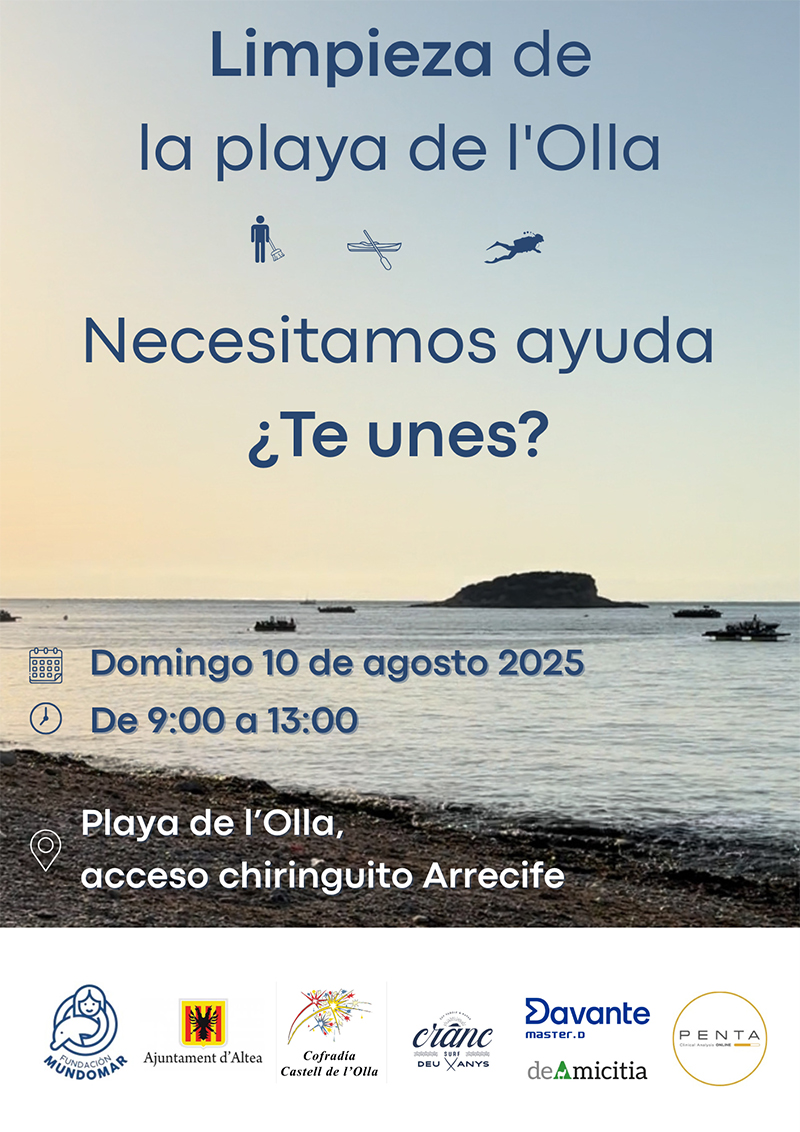 La concejalía de Medio Ambiente te invita a participar en la limpieza de la Playa de la Olla el domingo 10 de agosto. La acción tendrá lugar el día siguiente del Castell de l’Olla de 9:00 a 13:00h. El punto de encuentro es el acceso contiguo al “Xiringuito Arrecife”. Anímate y colabora, los beneficios del mar los disfrutamos todos!