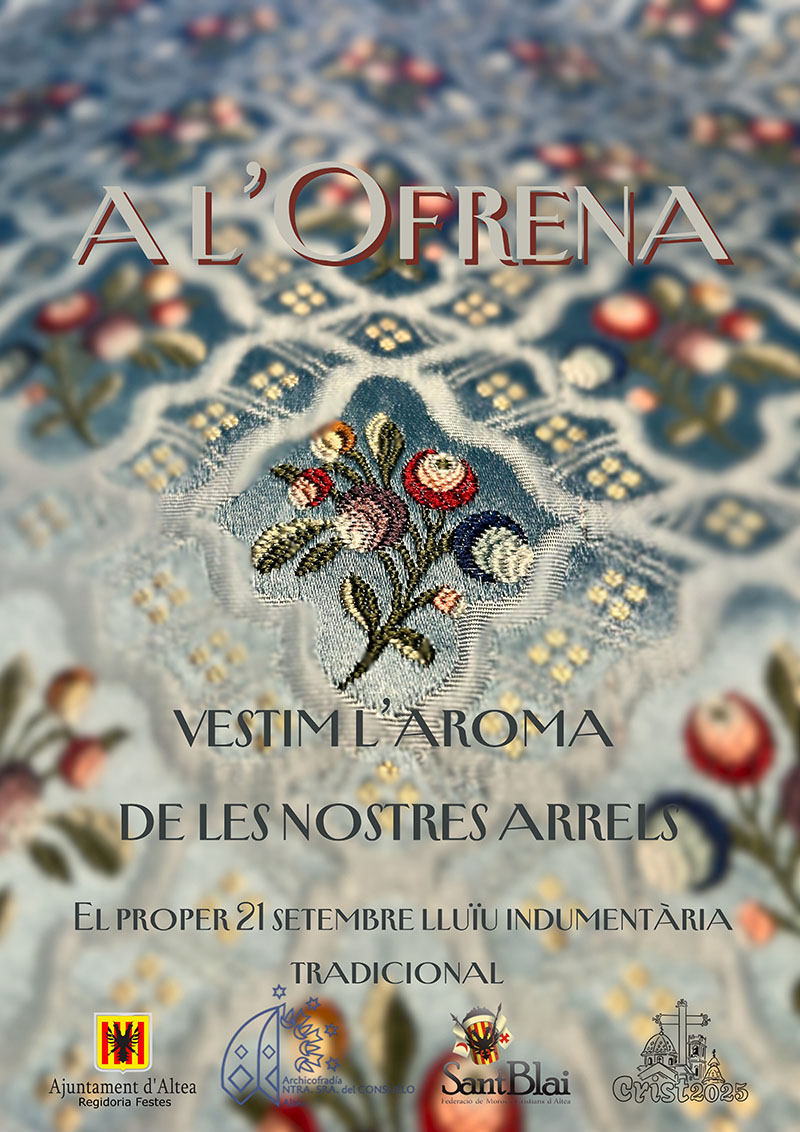 Baix el lema “En l’Ofrena vestim l’aroma de les nostres arrels”, la regidoria de Festes et convida a lluir indumentària tradicional en l’Ofrena de Flores a la Verge del Consol, que tindrà lloc diumenge que ve 21 de setembre, amb eixida des de la Plaça de l’Ajuntament a les 11:00h.