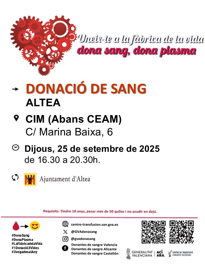 Comença de manera solidària les Festes Patronals donant sang. Uneix-te a la fàbrica de la vida! Dijous 25 de setembre de 16.30 a 20:30h. Finalment, a la cafeteria del Centre Social.