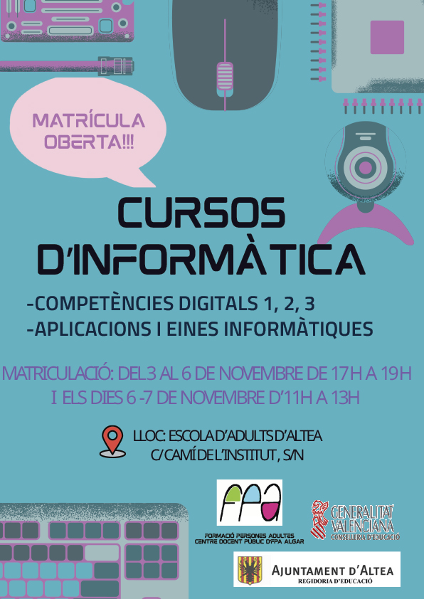 La FPA obri matrícula per als cursos d’Informàtica, que es podrà formalitzar en les instal•lacions de la Formació Permanent d’Adults, del 3 al 6 de novembre en horari de 17.00 a 19:00h i els dies 6 i 7 de novembre en horari d’11.00 a 13:00h. La FPA obri matrícula per als cursos d’Informàtica, que es podrà formalitzar en les instal•lacions de la Formació Permanent d’Adults, del 3 al 6 de novembre en horari de 17.00 a 19:00h i els dies 6 i 7 de novembre en horari d’11.00 a 13:00h.