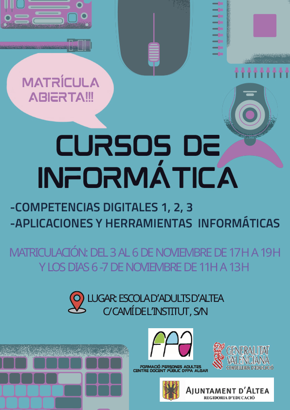 La FPA abre matrícula para los cursos de Informática, que se podrá formalizar en las instalaciones de la Formación Permanente de Adultos, del 3 al 6 de noviembre en horario de 17:00 a 19:00h y los días 6 y 7 de noviembre en horario de 11:00 a 13:00h.