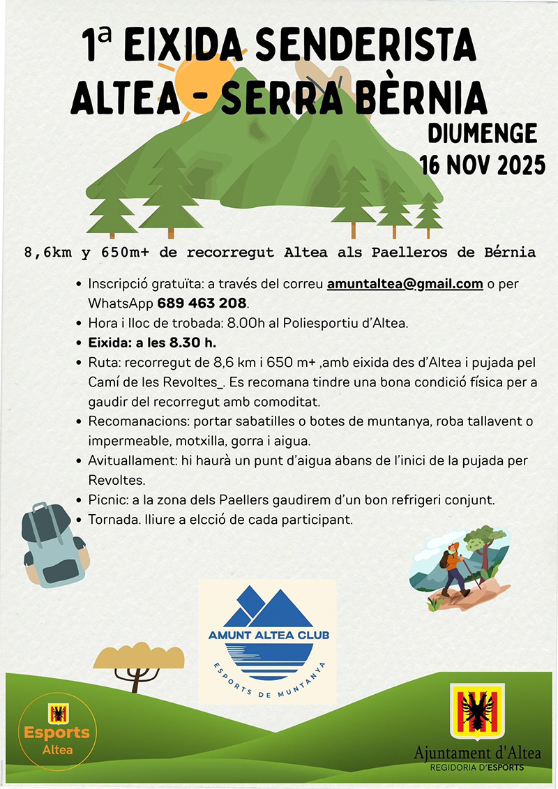 El Amunt Altea Club et convida a gaudir de la seua 1a eixida senderista Altea-Serra Bèrnia. La cita és el diumenge 16 de novembre i la inscripció és gratuïta. El recorregut és de 8,6 km, amb un desnivell de 650m+. Inscriu-te i participa! El Amunt Altea Club et convida a gaudir de la seua 1a eixida senderista Altea-Serra Bèrnia. La cita és el diumenge 16 de novembre i la inscripció és gratuïta. El recorregut és de 8,6 km, amb un desnivell de 650m+. Inscriu-te i participa!